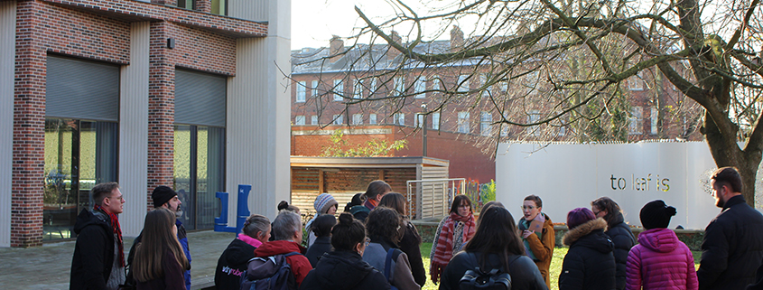 Staff and students outside Esther Simpson building.