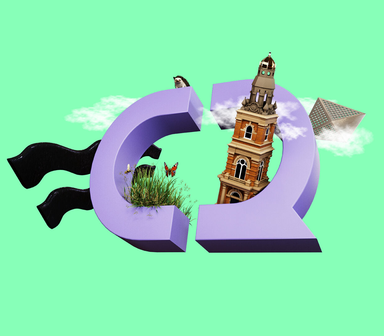Campus Reimagined graphic with sign for art, greenery, red brick architecture, hedghog and car park panel