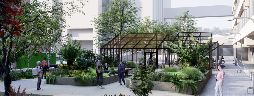 Artist's impression of Botanical Garden design, showing glasshouse, raised planting beds, accessible footpaths and seating